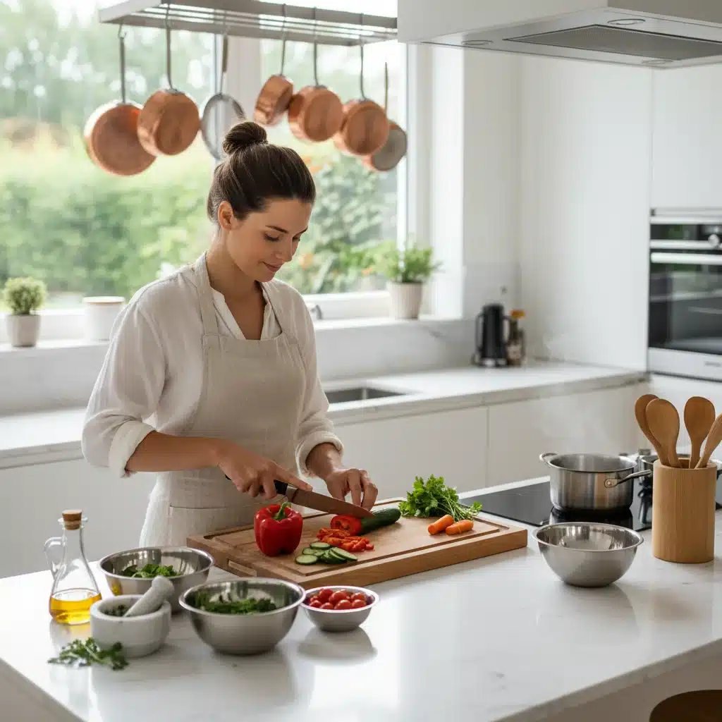 Person actively preparing a healthy meal with fresh vegetables in a kitchen.