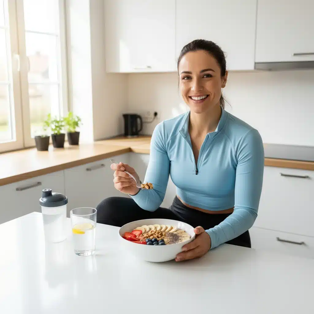 Person consuming a healthy pre-workout meal.
