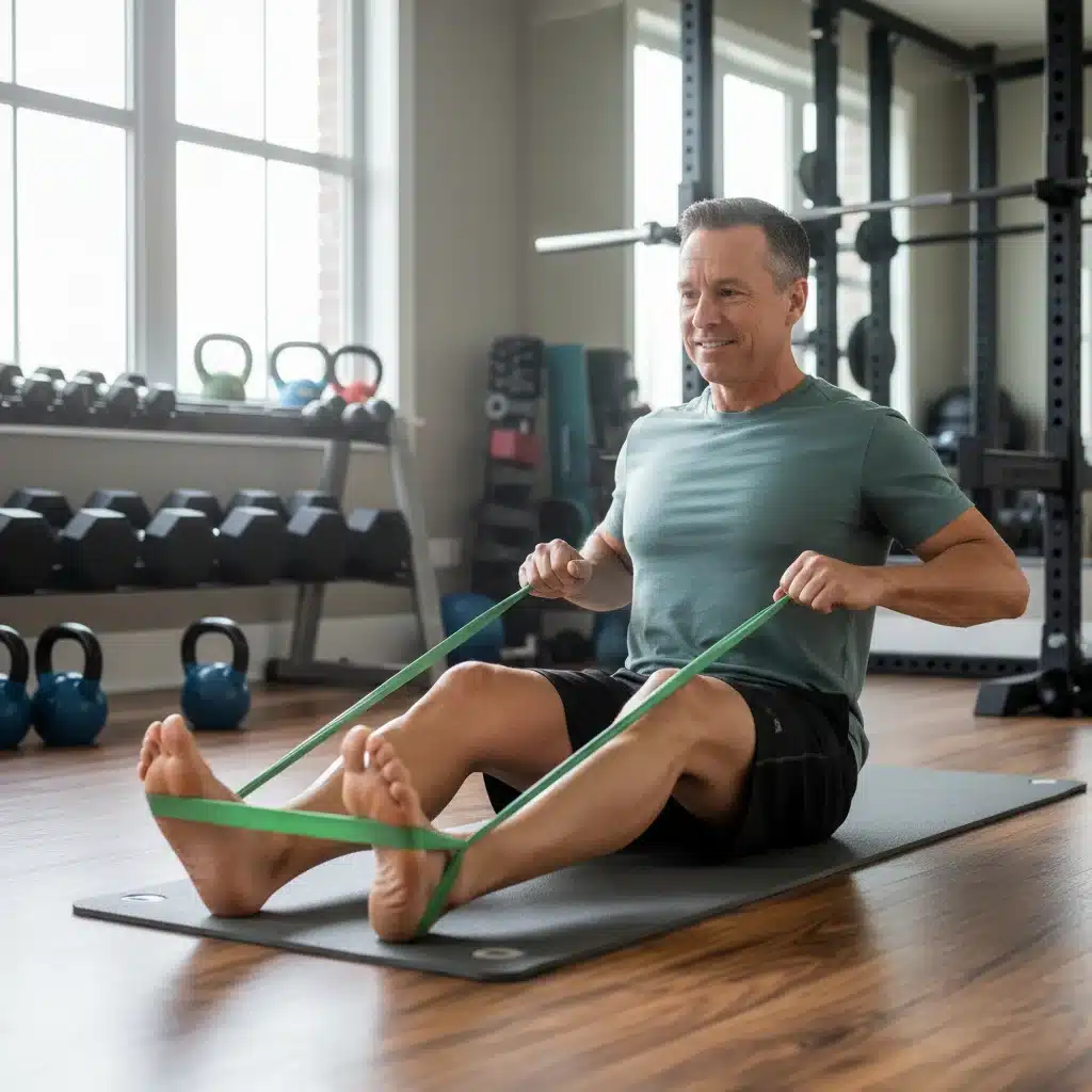 Man over 50 performing a resistance band row for back strength, focusing on controlled movement.