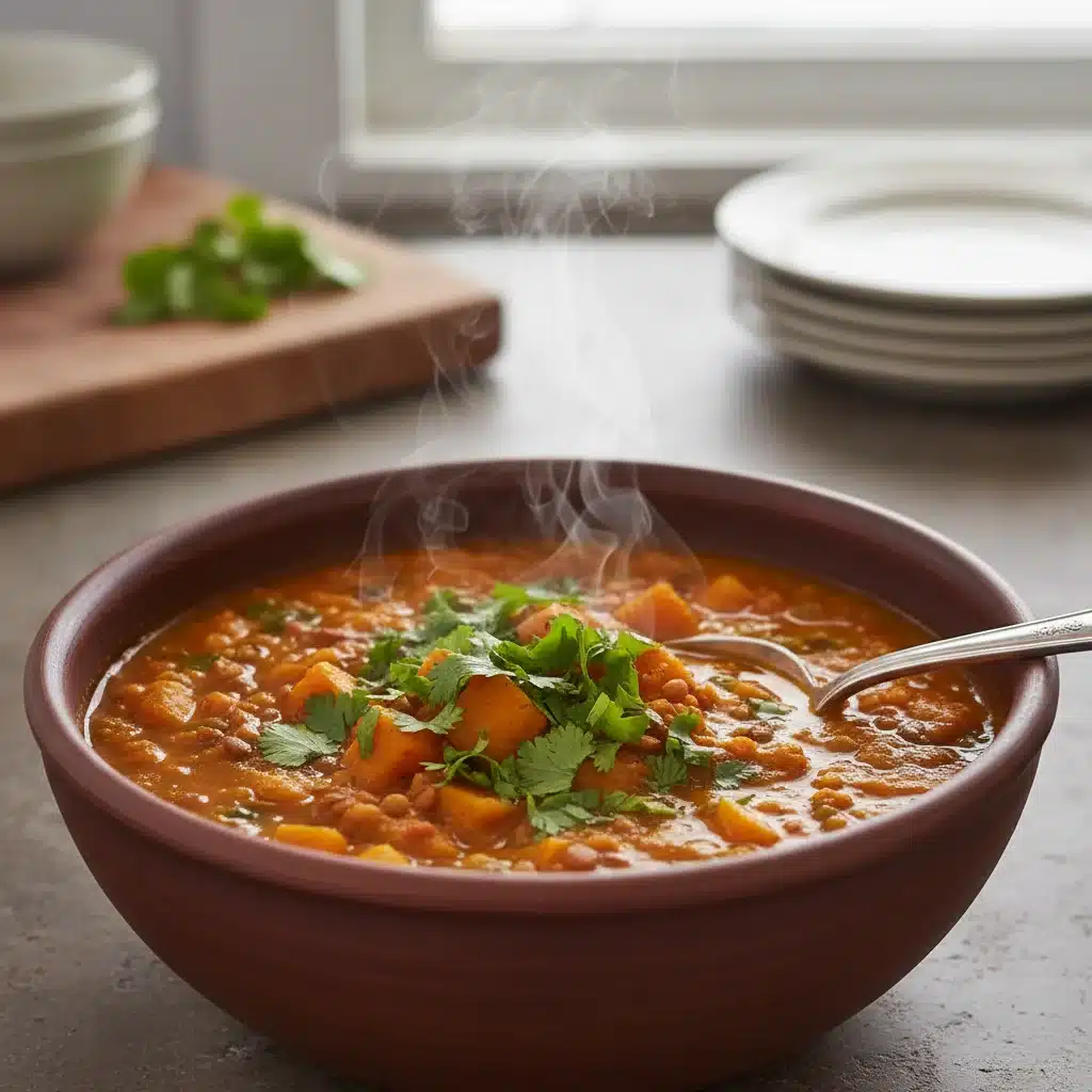 Hearty and nutritious sweet potato and lentil soup, an excellent warm meal for post-exercise muscle repair.